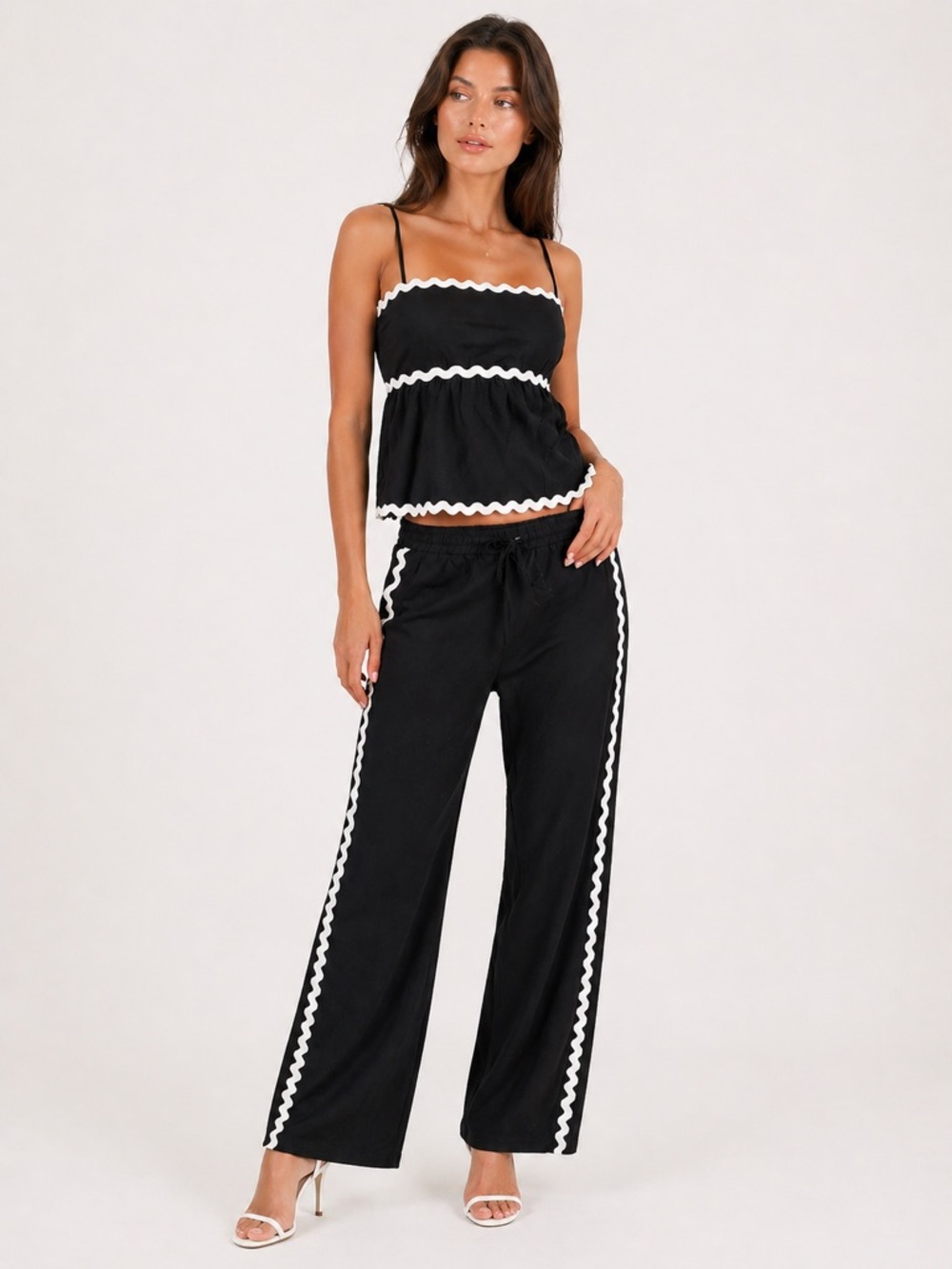 TFY Collection NWT Black Wide-Leg Pants with White Trim and Matching Crop Top